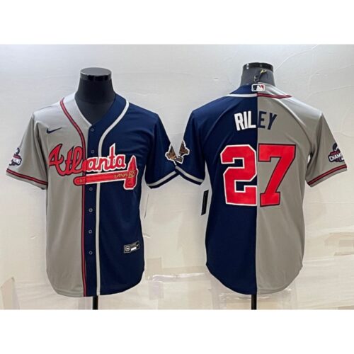 6863949074bd2_1 Men's Atlanta Braves #27 Austin Riley Gray Navy Two Tone Split Cool Base Stitched Baseball Jersey