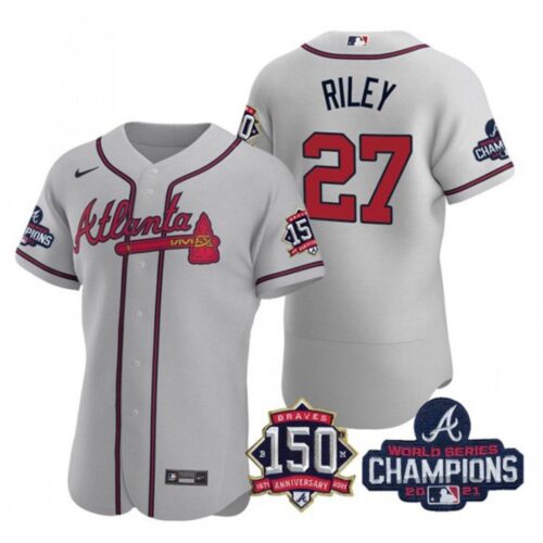 6863949a9ced1_1 Men's Atlanta Braves #27 Austin Riley 2021 Grey World Series Champions With 150th Anniversary Flex Base Stitched Jersey