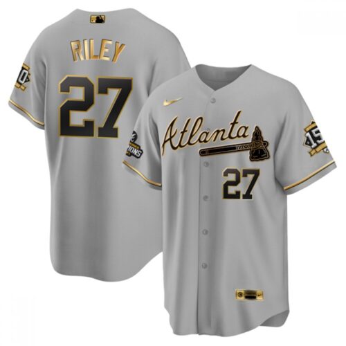 6863949e3fb1d_1 Men's Atlanta Braves #27 Austin Riley 2021 Grey/Gold World Series Champions With 150th Anniversary Patch Cool Base Stitched Jersey