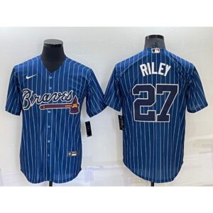 686394a194f62_1 Men's Atlanta Braves #27 Austin Riley Navy Cool Base Stitched Baseball Jersey