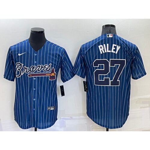 686394a194f62_1 Men's Atlanta Braves #27 Austin Riley Navy Cool Base Stitched Baseball Jersey