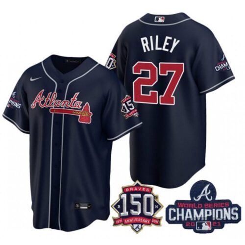 686394a54f1b8_1 Men's Atlanta Braves #27 Austin Riley 2021 Navy World Series Champions With 150th Anniversary Patch Cool Base Stitched Jersey