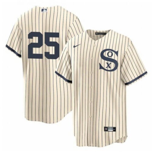 686398aa0a57a_1 Men's Chicago White Sox #25 Andrew Vaughn 2021 Cream/Navy Field of Dreams Cool Base Stitched Jersey