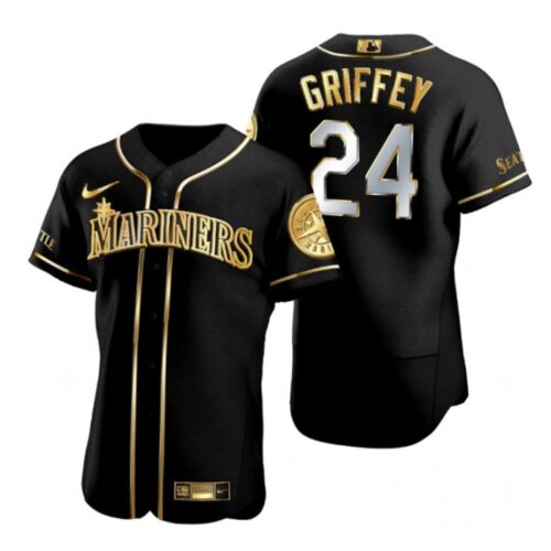 686399df26d9a_1 Men's Seattle Mariners #24 Ken Griffey Black/Gold Edition Flex Base Stitched jersey