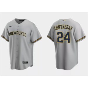 68639a347e04d_1 Men's Milwaukee Brewers #24 William Contreras Grey Cool Base Stitched Jersey