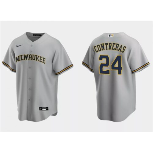 68639a347e04d_1 Men's Milwaukee Brewers #24 William Contreras Grey Cool Base Stitched Jersey