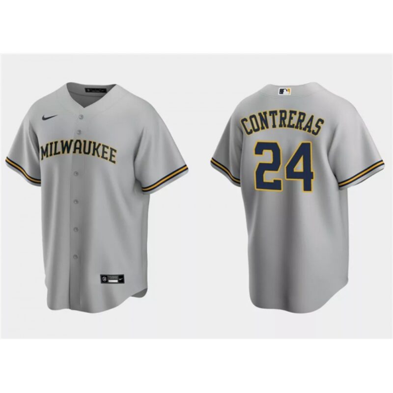 68639a347e04d_1 Men's Milwaukee Brewers #24 William Contreras Grey Cool Base Stitched Jersey