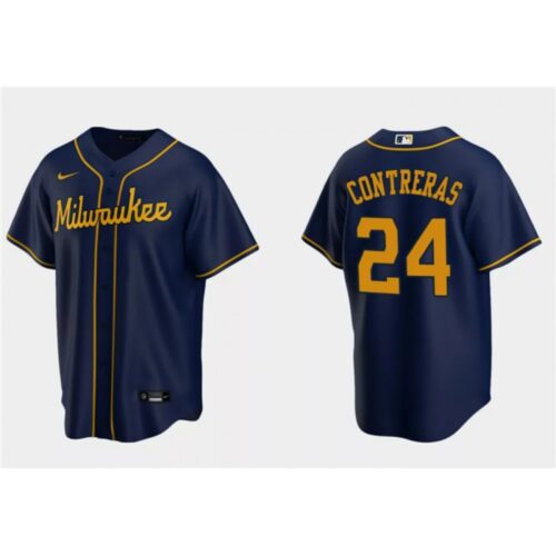 68639a3f26705_1 Men's Milwaukee Brewers #24 William Contreras Navy Cool Base Stitched Jersey