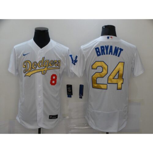 68639aeee537b_1 Men's Los Angeles Dodgers Front #8 Back #24 Kobe Bryant 2021 White Gold Sttiched Jersey