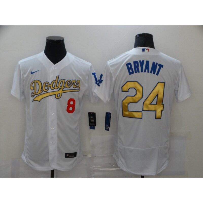 68639aeee537b_1 Men's Los Angeles Dodgers Front #8 Back #24 Kobe Bryant 2021 White Gold Sttiched Jersey