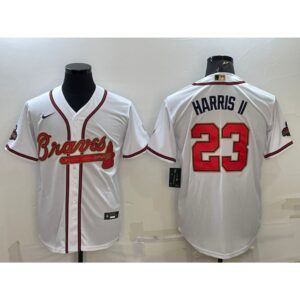6863a09434092_1 Men's Atlanta Braves #23 Michael Harris ii White/Gold World Series Champions Program Cool Base Stitched Baseball Jersey