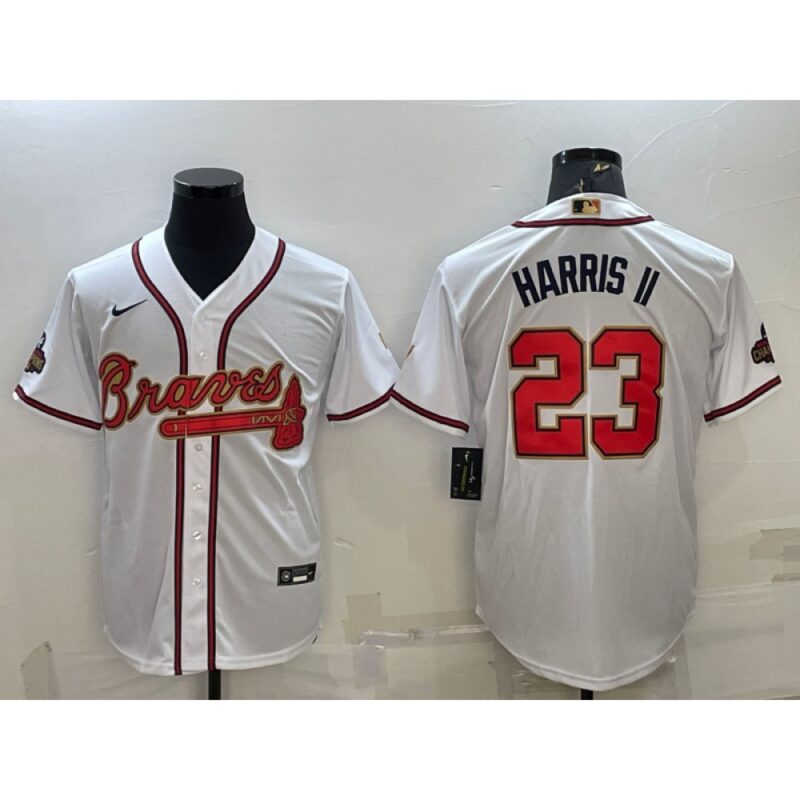 6863a09434092_1 Men's Atlanta Braves #23 Michael Harris ii White/Gold World Series Champions Program Cool Base Stitched Baseball Jersey