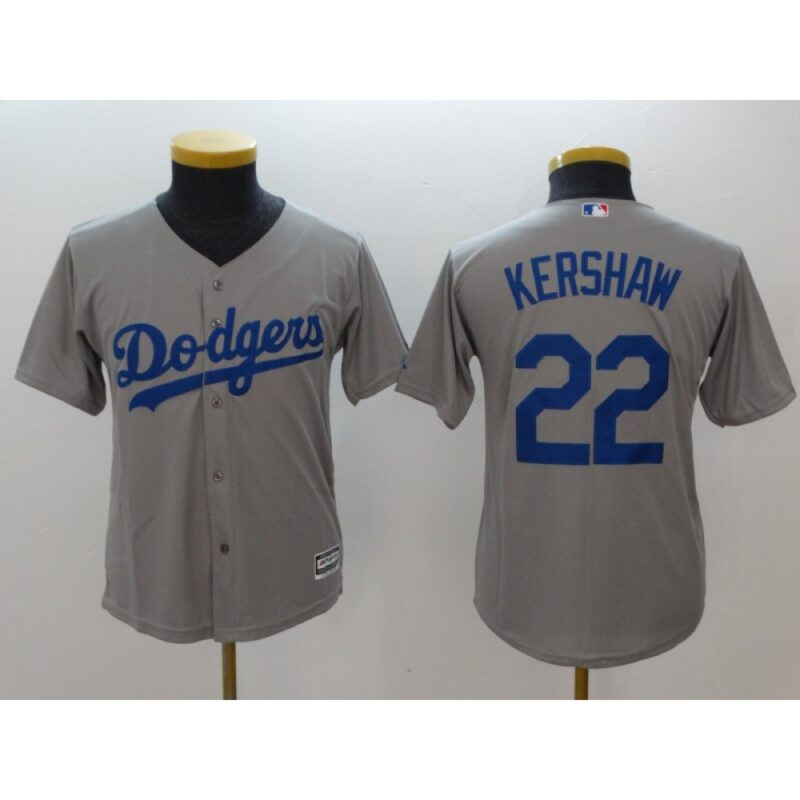 6863a19fc6e39_1 Youth Los Angeles Dodgers #22 Clayton Kershaw Gray Cool Base Stitched MLB Jersey
