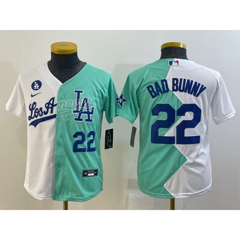 6863a1a8794a5_1 Youth Los Angeles Dodgers #22 Bad Bunny 2022 All-Star White/Green Split Stitched Jersey
