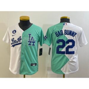 6863a1ab4cb47_1 Youth Los Angeles Dodgers #22 Bad Bunny 2022 All-Star White/Green Split Stitched Jersey