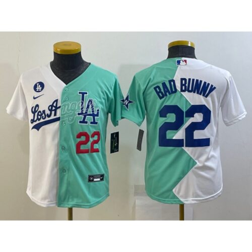 6863a1ae4cbf2_1 Youth Los Angeles Dodgers #22 Bad Bunny 2022 All-Star White/Green Split Stitched Jersey
