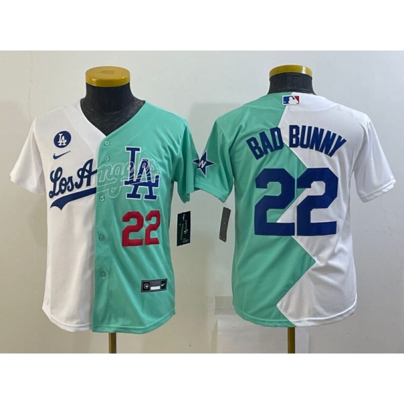 6863a1ae4cbf2_1 Youth Los Angeles Dodgers #22 Bad Bunny 2022 All-Star White/Green Split Stitched Jersey