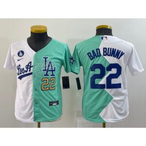 6863a1b15cbb8_1 Youth Los Angeles Dodgers #22 Bad Bunny 2022 All-Star White/Green Split Stitched Jersey