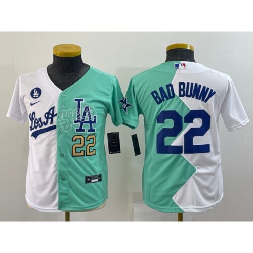 6863a1b15cbb8_1 Youth Los Angeles Dodgers #22 Bad Bunny 2022 All-Star White/Green Split Stitched Jersey