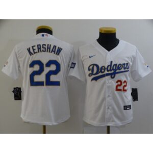 6863a1b9da8cf_1 Youth Los Angeles Dodgers #22 Clayton Kershaw White Gold Championship Cool Base Stitched Jersey