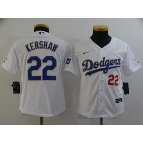6863a1b9da8cf_1 Youth Los Angeles Dodgers #22 Clayton Kershaw White Gold Championship Cool Base Stitched Jersey