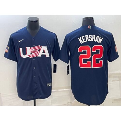 6863a249c7a27_1 Men's USA Baseball #22 Clayton Kershaw 2023 Navy World Baseball Classic Stitched Jersey