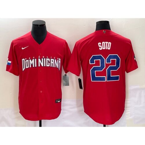6863a24d44b0c_1 Men's Dominican Republic Baseball #22 Juan Soto 2023 Red World Baseball Classic Stitched Jersey