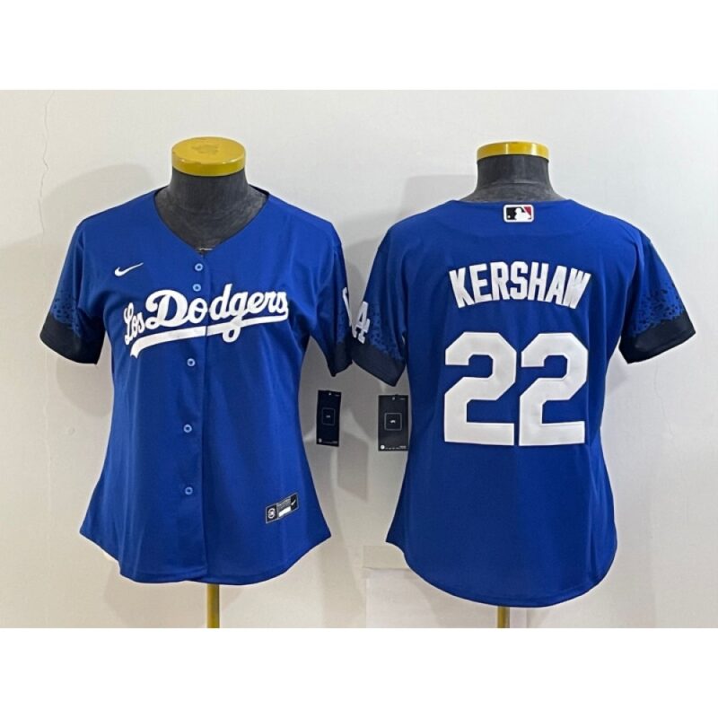 6863a2984e5fc_1 Women's Los Angeles Dodgers #22 Clayton Kershaw Royal City Connect Stitched Baseball Jersey(Run Small)