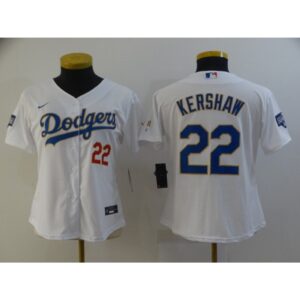 6863a2a3cd244_1 Women's Los Angeles Dodgers #22 Clayton Kershaw White Gold Championship Cool Base Stitched Jersey(Run Small)