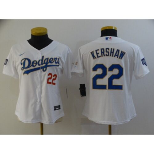 6863a2a3cd244_1 Women's Los Angeles Dodgers #22 Clayton Kershaw White Gold Championship Cool Base Stitched Jersey(Run Small)