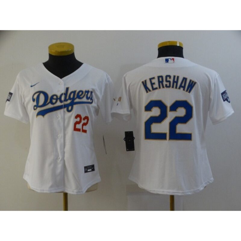 6863a2a3cd244_1 Women's Los Angeles Dodgers #22 Clayton Kershaw White Gold Championship Cool Base Stitched Jersey(Run Small)