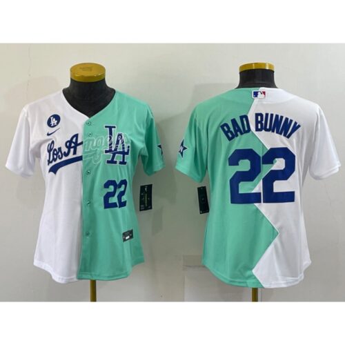 6863a2ac440c1_1 Women's Los Angeles Dodgers #22 Bad Bunny 2022 All-Star White/Green Split Stitched Baseball Jersey(Run Small)