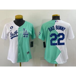 6863a2af1b7cb_1 Women's Los Angeles Dodgers #22 Bad Bunny 2022 All-Star White/Green Split Stitched Baseball Jersey(Run Small)