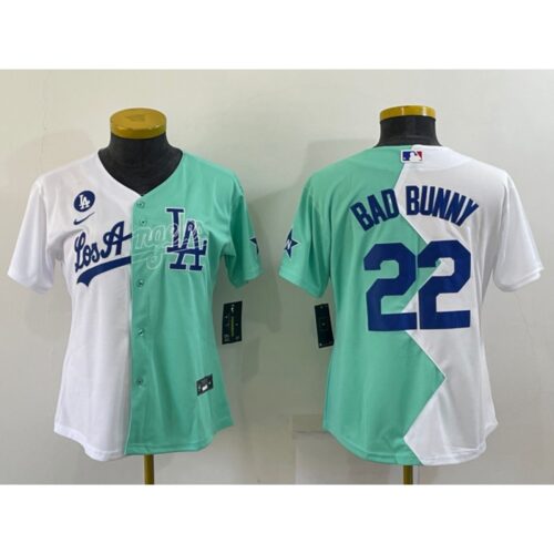 6863a2af1b7cb_1 Women's Los Angeles Dodgers #22 Bad Bunny 2022 All-Star White/Green Split Stitched Baseball Jersey(Run Small)