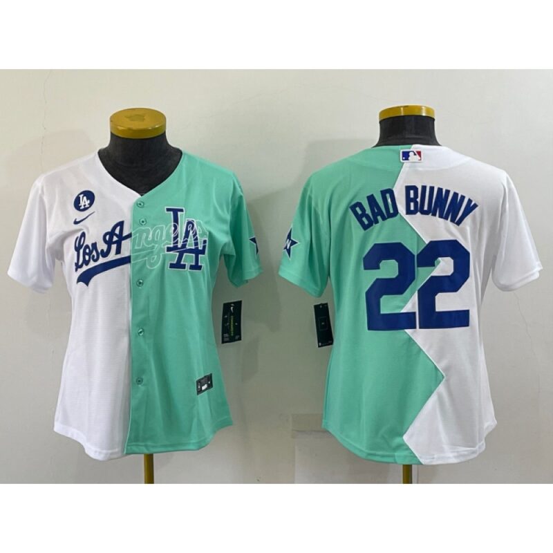 6863a2af1b7cb_1 Women's Los Angeles Dodgers #22 Bad Bunny 2022 All-Star White/Green Split Stitched Baseball Jersey(Run Small)