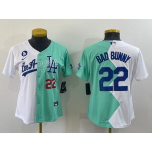 6863a2b1e2b22_1 Women's Los Angeles Dodgers #22 Bad Bunny 2022 All-Star White/Green Split Stitched Baseball Jersey(Run Small)