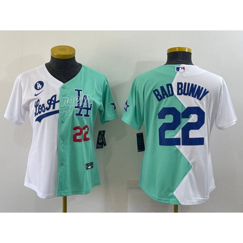 6863a2b1e2b22_1 Women's Los Angeles Dodgers #22 Bad Bunny 2022 All-Star White/Green Split Stitched Baseball Jersey(Run Small)