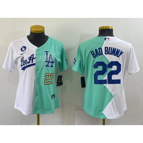 6863a2b4b3800_1 Women's Los Angeles Dodgers #22 Bad Bunny 2022 All-Star White/Green Split Stitched Baseball Jersey(Run Small)