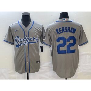 6863a42633017_1 Men's Los Angeles Dodgers #22 Clayton Kershaw Gray Cool Base Stitched Baseball Jersey