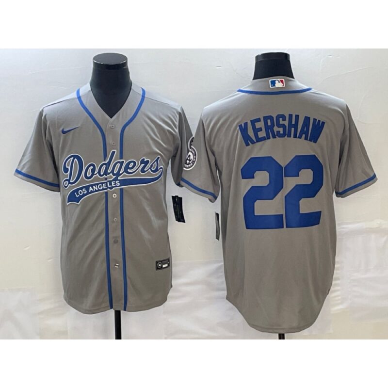 6863a42633017_1 Men's Los Angeles Dodgers #22 Clayton Kershaw Gray Cool Base Stitched Baseball Jersey