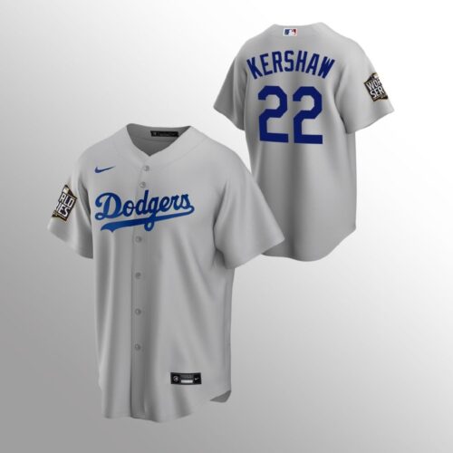 6863a434e0e17_1 Men's Los Angeles Dodgers #22 Clayton Kershaw Grey 2020 World Series Bound stitched Jersey