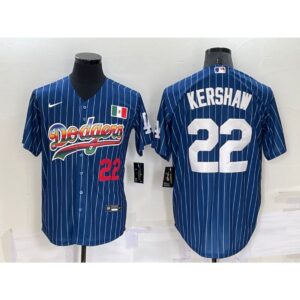 6863a4613655c_1 Men's Los Angeles Dodgers #22 Clayton Kershaw Navy Mexico Rainbow Cool Base Stitched Baseball Jersey