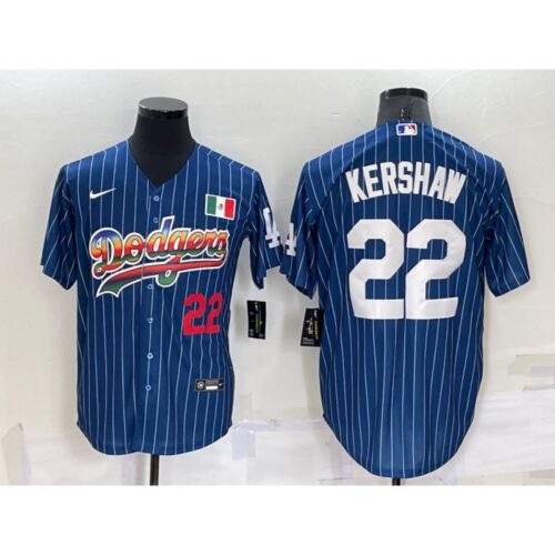 6863a4613655c_1 Men's Los Angeles Dodgers #22 Clayton Kershaw Navy Mexico Rainbow Cool Base Stitched Baseball Jersey