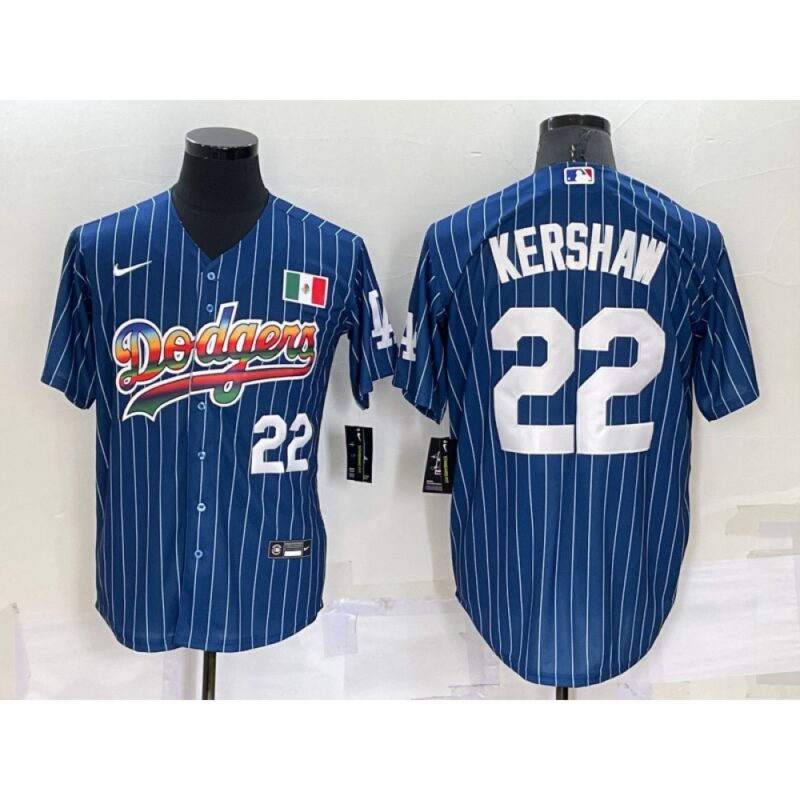 6863a4651e7c3_1 Men's Los Angeles Dodgers #22 Clayton Kershaw Navy Mexico Rainbow Cool Base Stitched Baseball Jersey