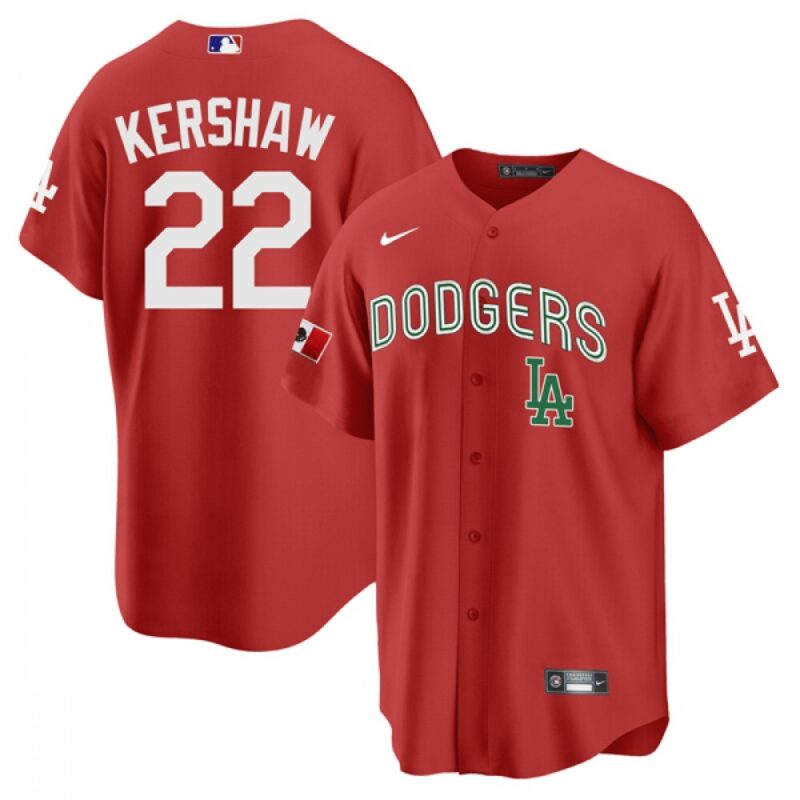 6863a468e84a6_1 Men's Los Angeles Dodgers #22 Clayton Kershaw 2021 Mexican Heritage Red Stitched Baseball Jersey