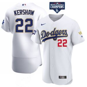 6863a498d013b_1 Men's Los Angeles Dodgers #22 Clayton Kershaw White Gold Championship Flex Base Sttiched MLB Jersey
