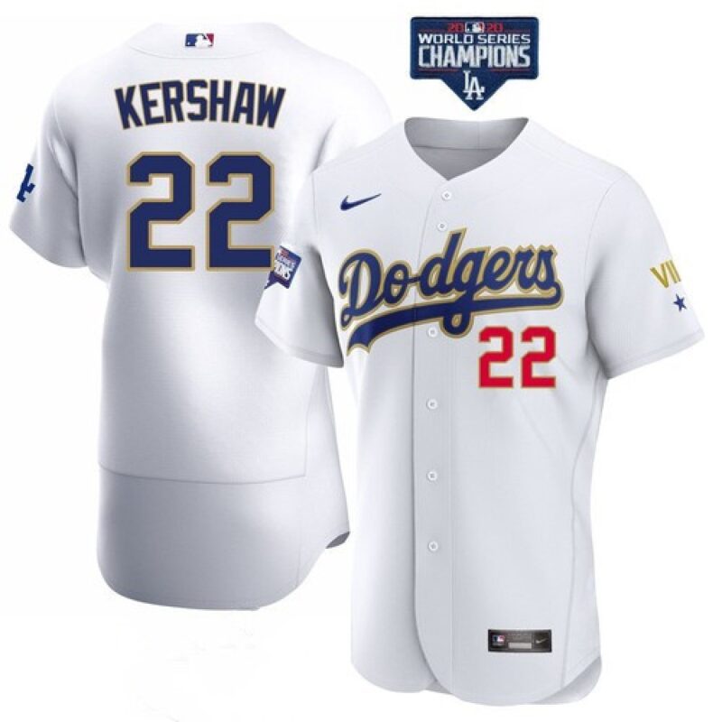 6863a498d013b_1 Men's Los Angeles Dodgers #22 Clayton Kershaw White Gold Championship Flex Base Sttiched MLB Jersey