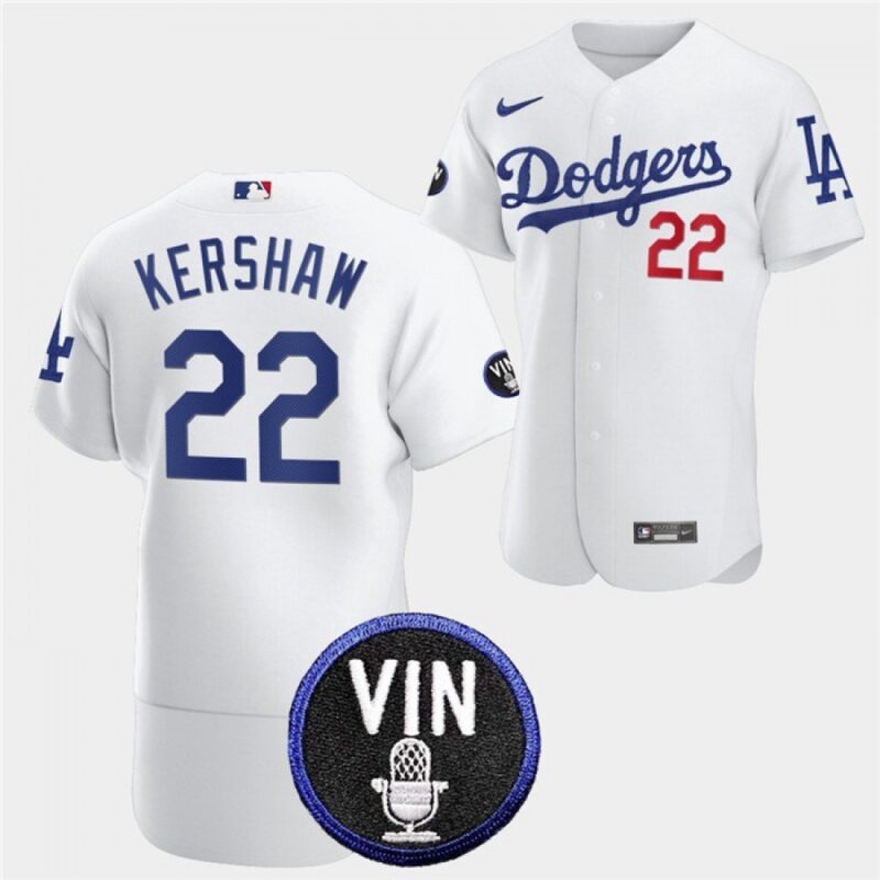 6863a49c5be68_1 Men's Los Angeles Dodgers #22 Clayton Kershaw 2022 White Vin Scully Patch Flex Base Stitched Baseball Jersey