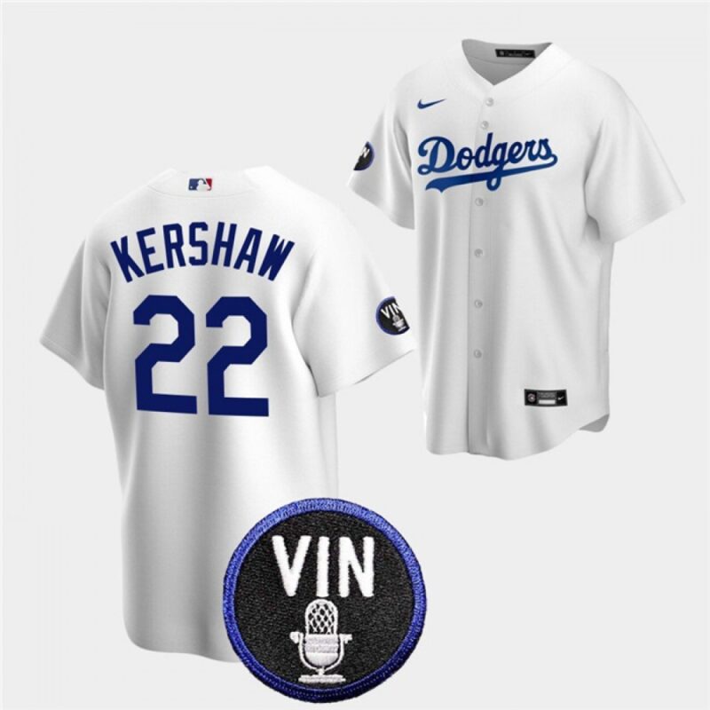 6863a49ff0ef0_1 Men's Los Angeles Dodgers #22 Clayton Kershaw 2022 White Vin Scully Patch Cool Base Stitched Baseball Jersey