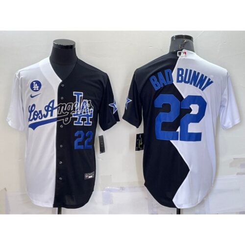 6863a4ba400ff_1 Men's Los Angeles Dodgers #22 Bad Bunny 2022 All-Star White/Black Split Cool Base Stitched Baseball Jersey